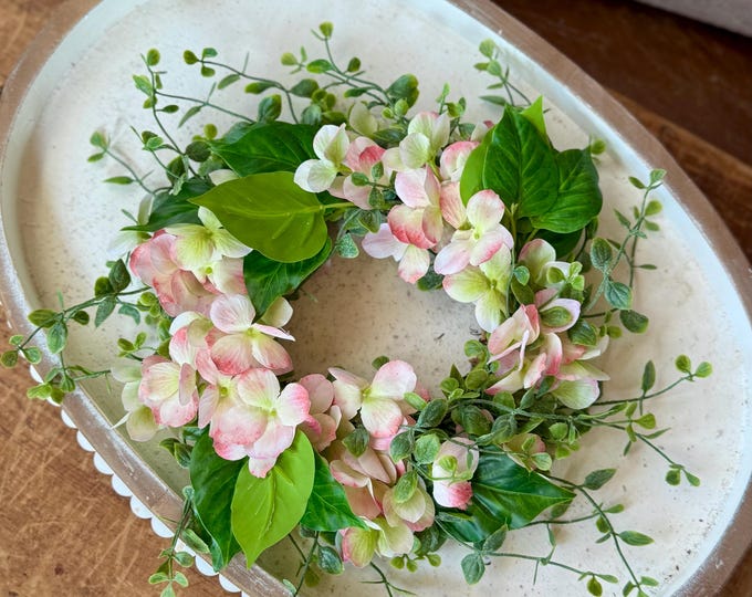 Spring Hydrangea Candle Wreath, Pink Floral Centerpiece, Mothers Day Wreath, Kitchen Cabinet Decor, Living Room Table