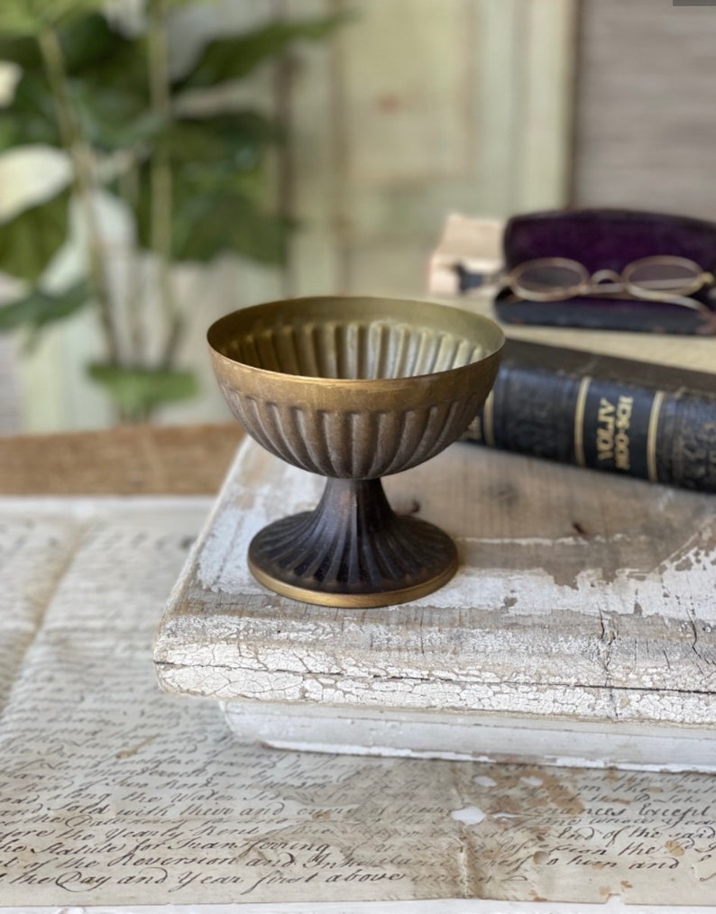 Antiqued Brass Urn Pedestal Rustic Metal Urn Vintage Etsy