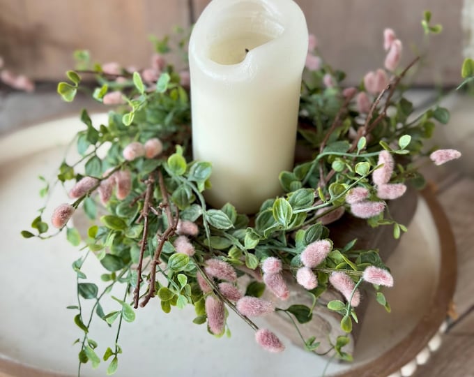 Pink Pussy Willow Wreath, Pink Candle Wreath, Valentines Day Wreath, Pink Mothers Day Gift, Window Wreath, Mini Wreath
