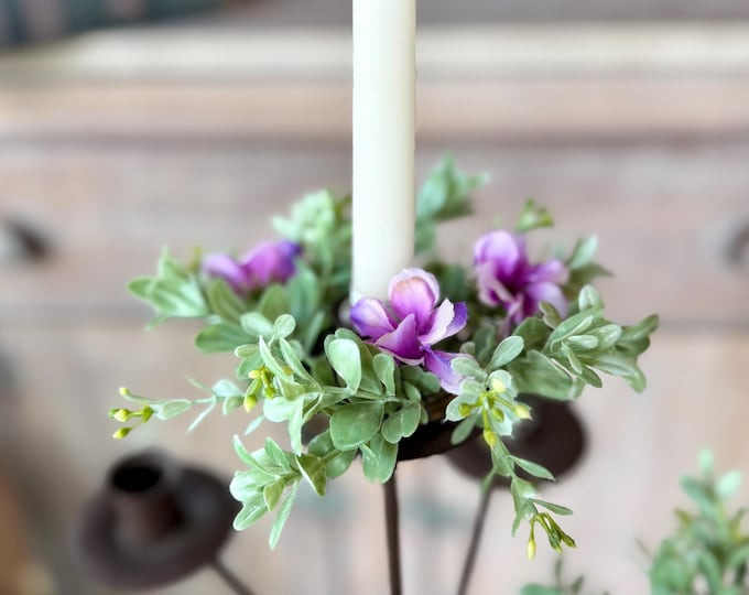 Set Spring Farmhouse Taper Candle Wreaths, Purple Spring Boxwood Candle Wreath, Boxwood Taper Rings
