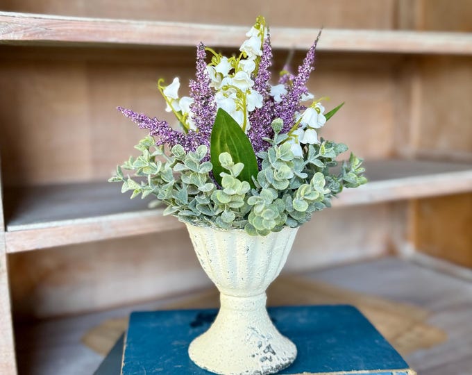 Lily of the Valley Arrangement, French Country Decor, Purple White Summer Arrangement, Mini Table Arrangement