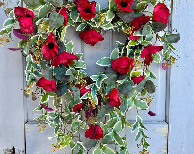 Red Heart Wreath, Poppy Wreath, Romantic Bedroom Decor, Mothers Day Wreath, Red Poppy Flowers