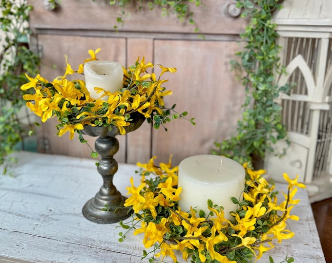 Yellow Forsythia Candle Wreath, Window Wreath, Yellow Kitchen Cabinets Wreath, Gold Chain Spring Wreath Ring, Summer Candle Wreath