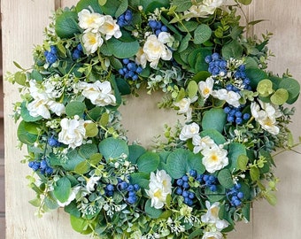 BEST SELLER Blueberry Summer Wreath, Floral Spring Wreaths, Farmhouse Wreath, Wildflower, Front Door Decor