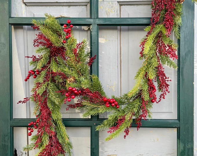 Red Christmas Garland, Red Berry Garland, Christmas Berry Garland, Red Berry Pine Garland, Burgundy Christmas Decor, red and green Christmas