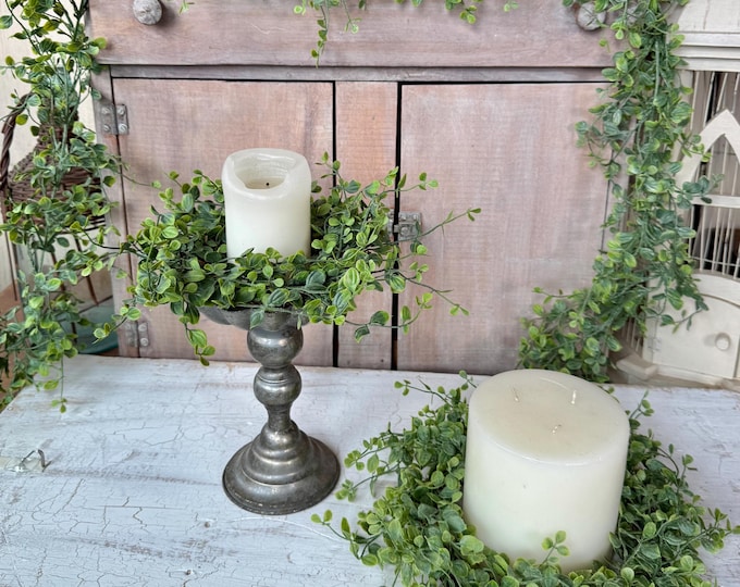 3PC Spring Greenery Set, Greenery Candle Wreath, Pillar Candle Wreath, Everyday Greenery Decor, Spring Wreath, Greenery Wreath and Garland