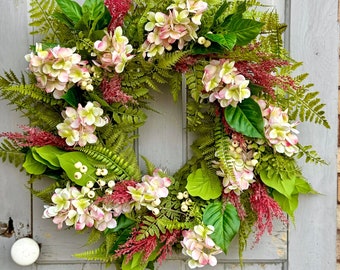 Pink Hydrangea Wreath, Spring Door Wreath, Mothers Day Gift, Summer Fern Wreath, Country Decor, Front Door Wreath