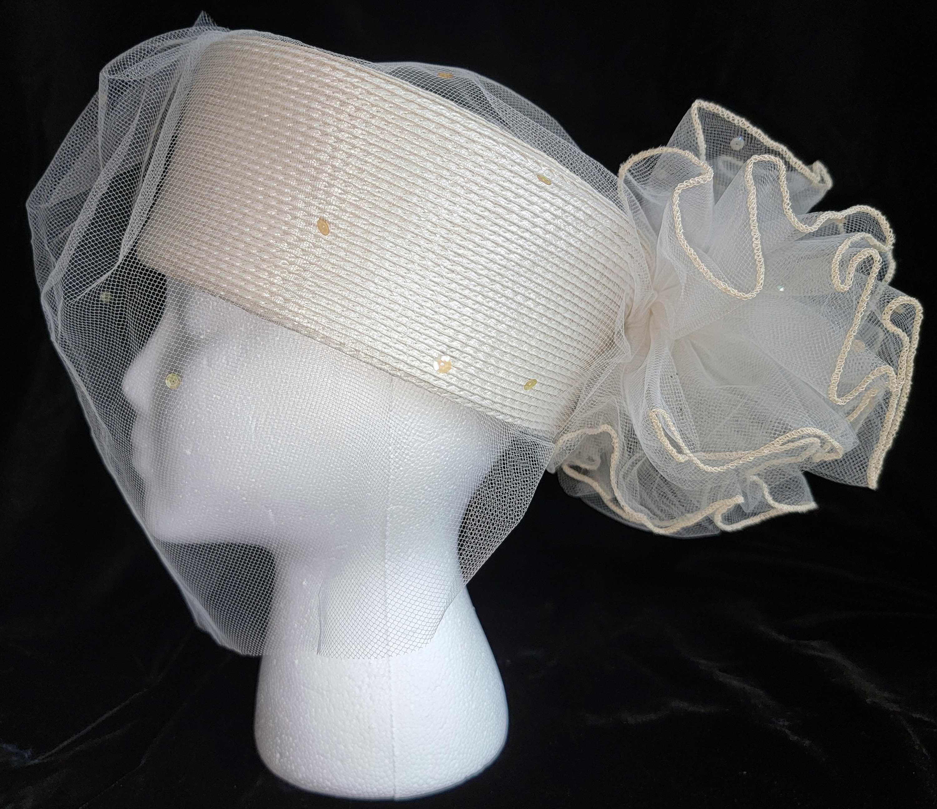 Vintage 1960s pillbox hat with veil pearls and iridescent sequins