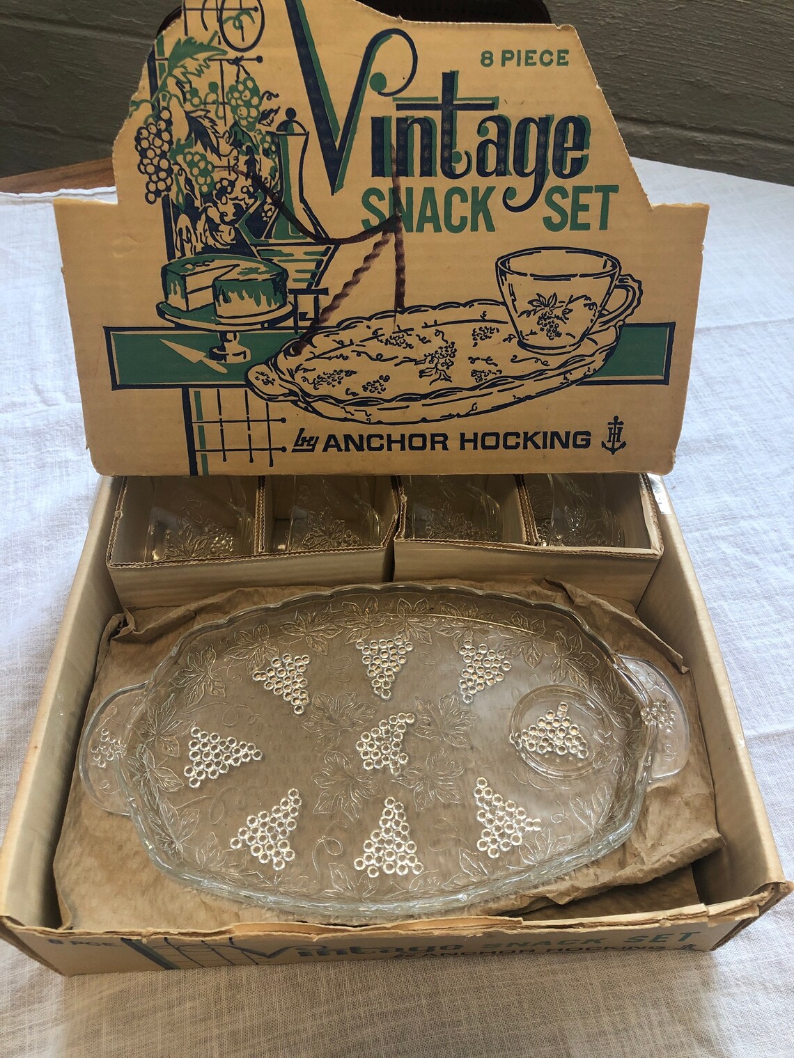 VINTAGE Anchor Hocking Snack Set. Complete 8 pc. Original Etsy