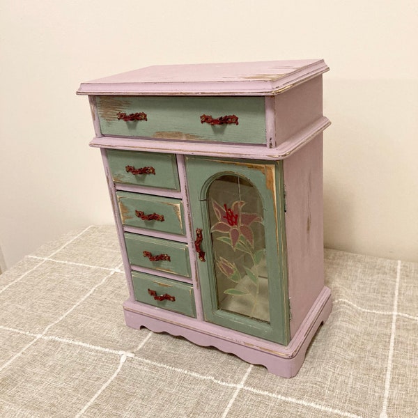 Hand Painted Chest Distressed Box Unique Light Up Inside Jewelry Box Multi Colored One Of A Kind Jewelry With Lily Front Purple And Green