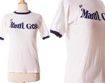 Vintage 1970s Ringer T-Shirt, White and Blue 70s "TSS Mardi Gras" Cotton Tee size Small