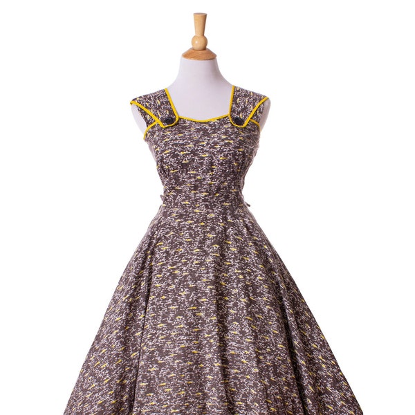Vintage 1940s Cotton Day Dress, Brown and Yellow 40s 50s Abstract Print Fit and Flare Dress size Small