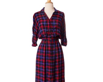 Vintage 1980s Plaid Shirt Dress, Red and Blue 70s 80s Rayon Button Down Dress by Style & Smile size Small