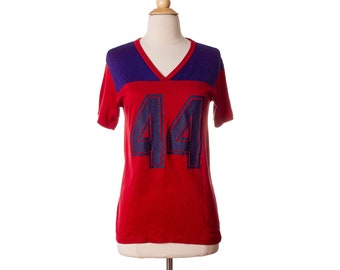 Vintage 1970s Rayon Jersey Shirt, Navy and Red 70s V-Neck Sports T-Shirt by Teen Shirt size Unisex X-Small to Small