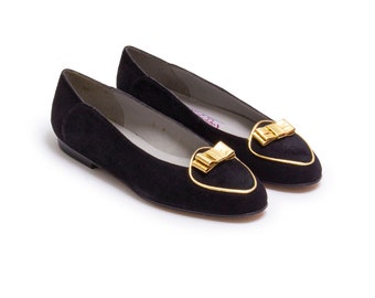 Vintage 1980s New Old Stock Suede Flats, Black and Gold 80s Slip On Shoes by Pappagallo size 6M