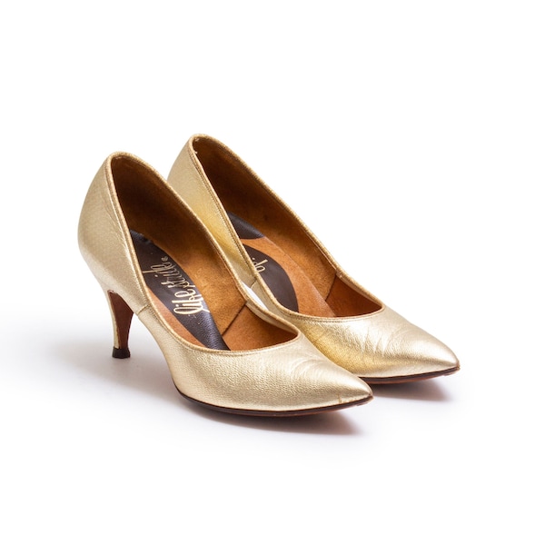 Vintage 1950s Stiletto Pumps, Gold 50s 60s High Heels by Life Stride size 6B