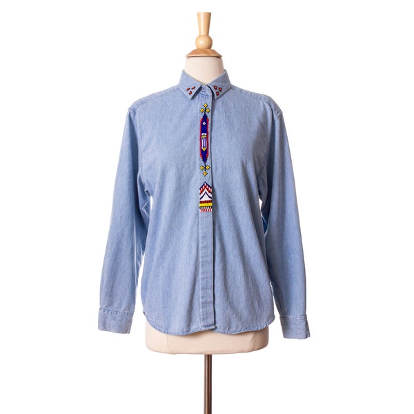 Vintage 1980s Hand-Beaded Shirt, Blue Chambray 80s 90s Unisex Southwestern Button Down by Wrangler size Medium