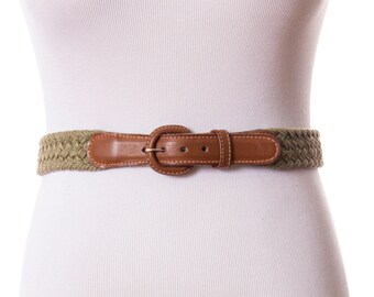 Vintage 1990s Braided Cotton Belt, Sage Green 90s Woven Belt with Brown Leather Accents by Canterbury size Medium