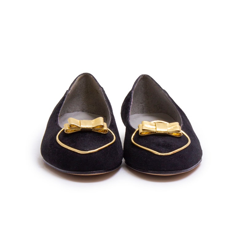 Vintage 1980s New Old Stock Suede Flats, Black and Gold 80s Slip On Shoes by Pappagallo size 6M image 2