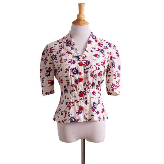 Vintage 1930s Cotton Blouse, Novelty 30s Fish Prin