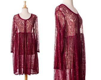 Vintage 1990s Oversized Lace Dress, Burgundy Floral 90s Grunge Style Babydoll Shirtdress by MPH size Medium to Large