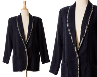 Vintage 1980s Single Button Blazer, Black and White 80s Flannel Jacket by Bonjour size Small to Medium