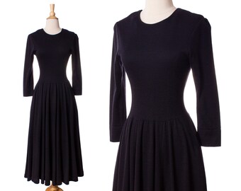 Vintage 1980s Jersey Knit Sweater Dress, Black 80s Full Skirt Dress by Expo size X-Small