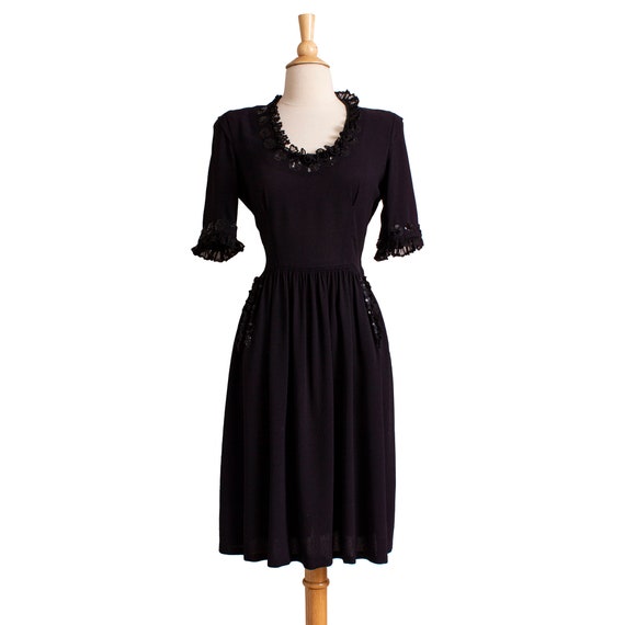 Vintage 1930s Rayon Crepe Dress, Sequined Late 30s