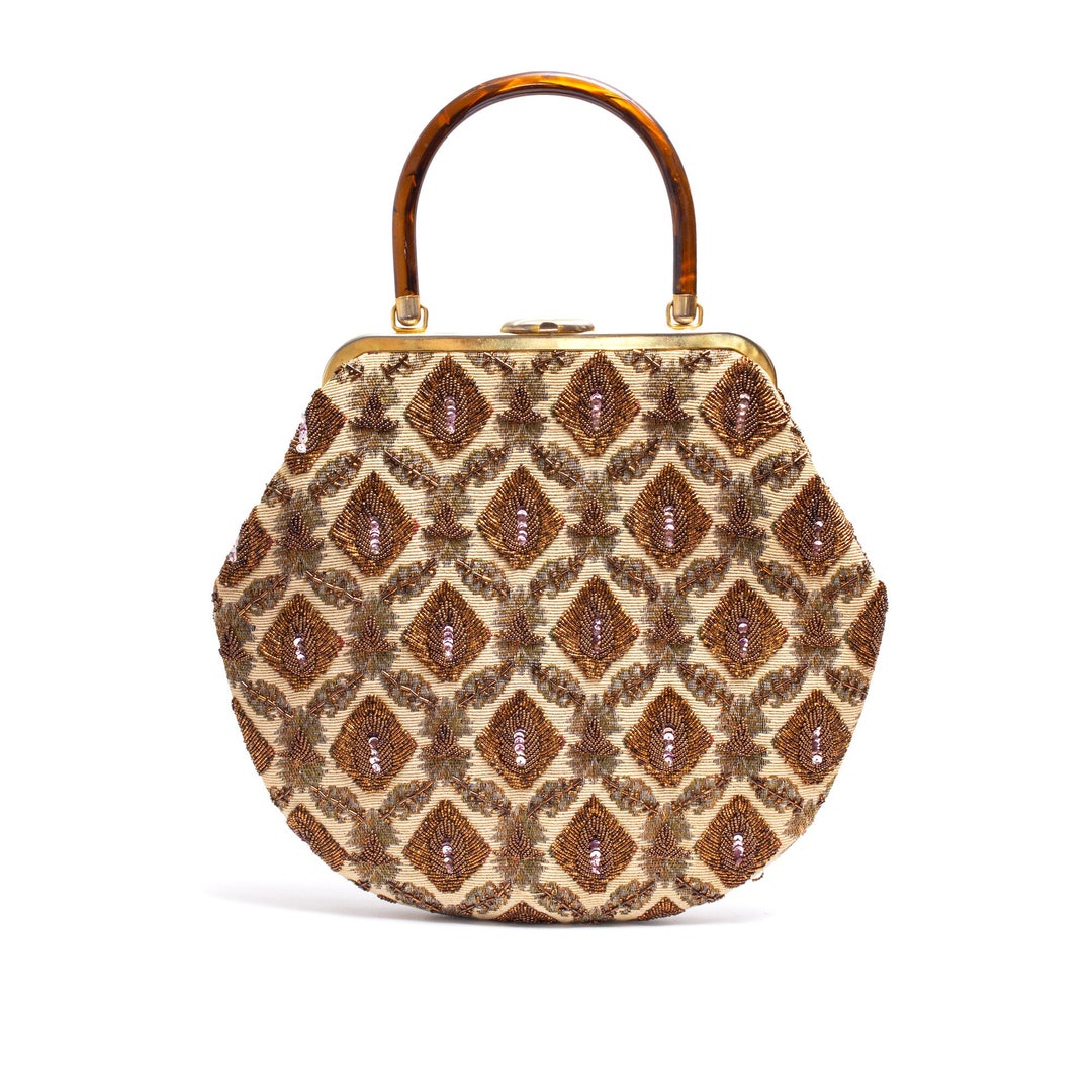 Vintage 1960s Beaded Tapestry Purse, Olive Green and Copper Brown 60s