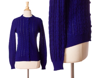Vintage 1970s Cable Knit Cardigan, Navy Blue 70s 80s Sweater by Lazarus size X-Small to Small