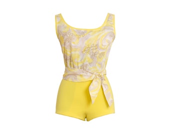 1950s Vintage Designer Yellow Swimsuit, Midcentury 50s Rare Crepe Watercolor Maillot Bathing Suit by Alix of Miami X-Small