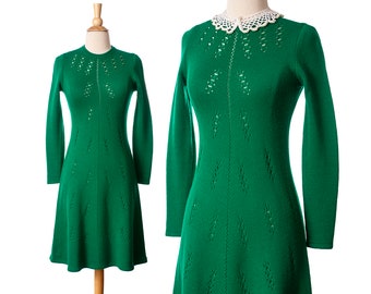 Vintage 1960s Wool Sweater Dress, Green 60s Knit A-Line Dress by Lord & Taylor size X-Small to Small