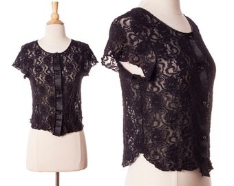 Vintage 1980s Floral Lace Blouse, Black 80s 90s Nylon Top by Cliche size X-Small to Small