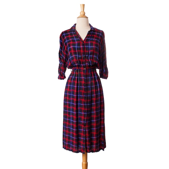 Vintage 1980s Plaid Shirt Dress, Red and Blue 70s… - image 1