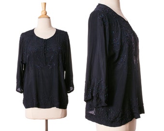 Antique 1920s Silk Beaded Tunic Top, Midnight 20's Pullover Blouse size Medium to Large