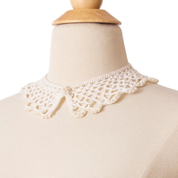 Vintage 1950s Crochet Collar, White 50s 60s Beade… - image 3