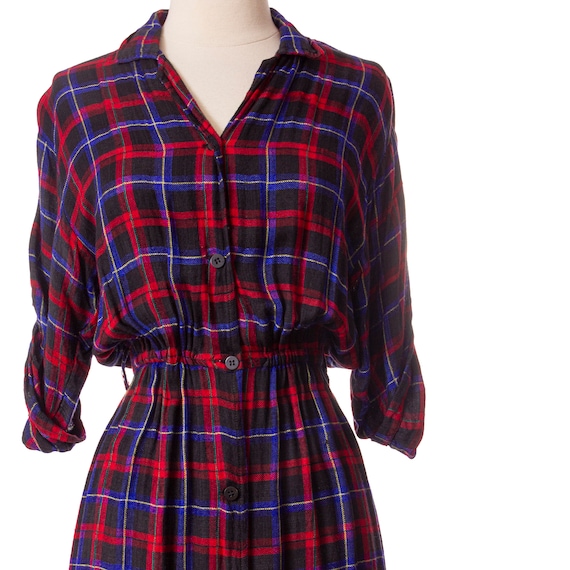 Vintage 1980s Plaid Shirt Dress, Red and Blue 70s… - image 4