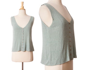 Vintage 1990s Knit Tank Top, Seafoam 90s Silk Shirt by Express size Small