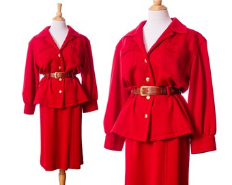 Vintage 1980s Red Skirt Suit, Designer 70s 80s Wool Jersey Knit Two Piece Outfit by Yves Saint Laurent Rive Gauche size Medium