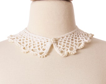 Vintage 1950s Crochet Collar, White 50s 60s Beaded Collar