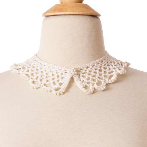 Vintage 1950s Crochet Collar, White 50s 60s Beade… - image 1