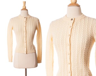 Vintage 1970s Wool Cardigan, Cream White 70s 80s Cable Knit Sweater by Tally-Ho size X-Small to Small