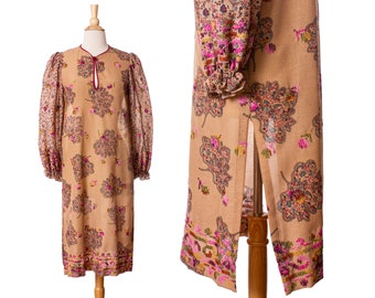 Vintage 1970s Embroidered Tunic Dress, Tan and Maroon Designer 70s Kaftan by Giorgio Sant Angelo size X-Small to Small