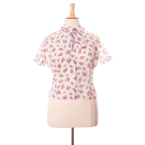 Vintage 1960s Novelty Blouse, Pink Butterfly Prin… - image 1