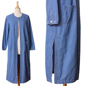 Vintage 1990s Denim Duster, Medium Wash 90s Full-Length Jacket by Newport News Jeanology size Medium