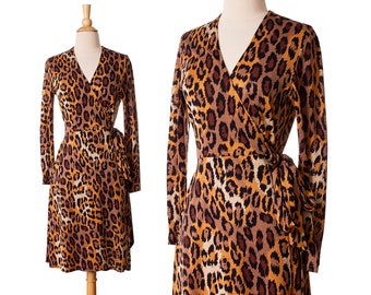 Vintage 1990s Wrap Dress, Leopard Print 90s Silk Dress by Diane Von Furstenberg size Small