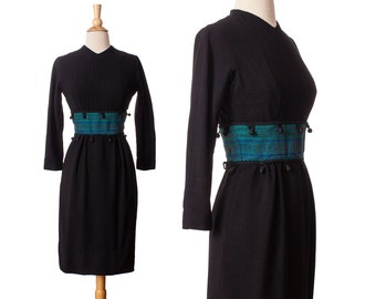 Vintage 1950s Black Sheath Dress, Cummerbund 50s Wool Wiggle Dress by Oleg Cassini size X-Small