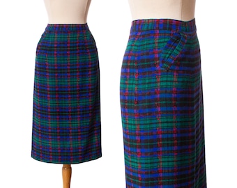 Vintage 1950s Plaid Flannel Skirt, Red Blue and Green 50s Pencil Skirt size Medium