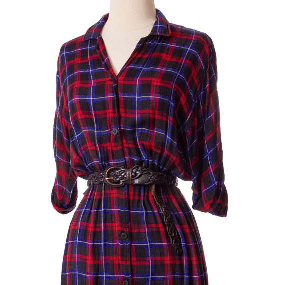Vintage 1980s Plaid Shirt Dress, Red and Blue 70s… - image 3