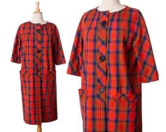 Vintage 1960s Plaid Coat, Orange and Blue 50s 60s Designer Coat by Larry Aldrich size Small to Medium